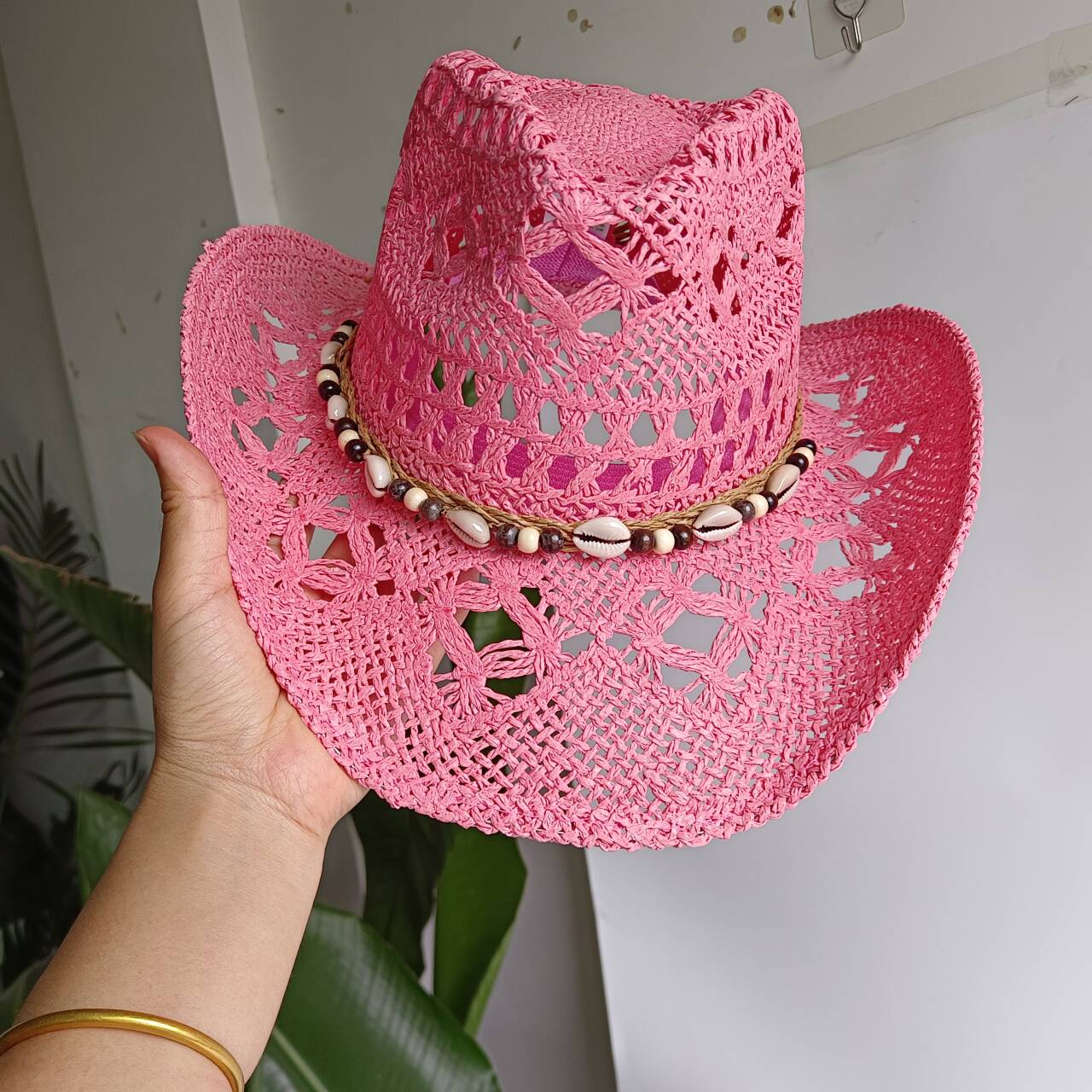 Pink Cowboy straw hat  hollow  - Cowboy Hat Straw ulasan dan harga